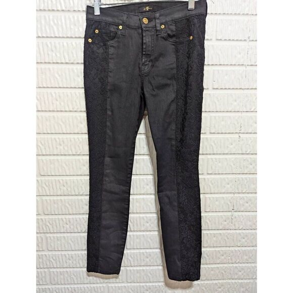 7 for All Mankind Women's Black Skinny Stretch Lace Panel Pants Size 27 - Picture 1 of 8